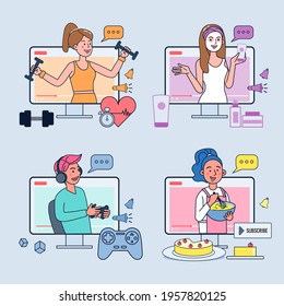 Blogger Review Concept Vetor. Creative famous influencer shooting vlogging occupation. Travel channel. Vector illustration flat design.