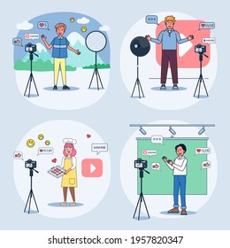 Blogger Review Concept Vetor. Creative famous influencer shooting vlogging occupation. Video training, travel steaming, coaching, cooking. Vector illustration flat design.