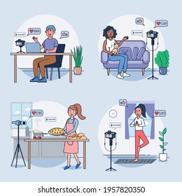 Blogger Review Concept Vetor. Creative famous influencer shooting vlogging occupation. Travel channel. Vector illustration flat design.