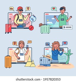 Blogger Review Concept Vetor. Creative famous influencer shooting vlogging occupation. Travel channel. Vector illustration flat design.