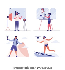 Blogger Review Concept Vetor. Creative famous influencer shooting vlogging occupation. photographers, tray gardener, tourists, board surfers. vector illustration flat design