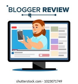 Blogger Review Concept Vetor. Popular Blogger Man Testing Functional With New Smartphone. Online Channel. Video Content. Isolated Flat Cartoon Illustration
