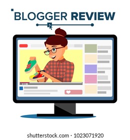 Blogger Review Concept Vetor. Popular Joven Video Streamer Blogger Girl, Mujer. Blog de moda. Transmisión en vivo. Canal en línea. Ilustración de dibujos planos aislados
