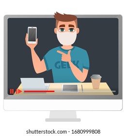 Blogger review and test new device smartphone in white medical face mask. Live broadcast on channel. Vector illustration.