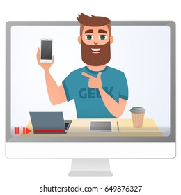 Blogger review and test new smartphone. Live broadcast on channel. Man holding mobile phone with smile on his face. Vector illustration.