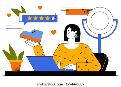 Blogger review web concept. Woman records video with overview of shoes. Fashion blog, advertising integration into creative content. Vector illustration for web page template in flat line design