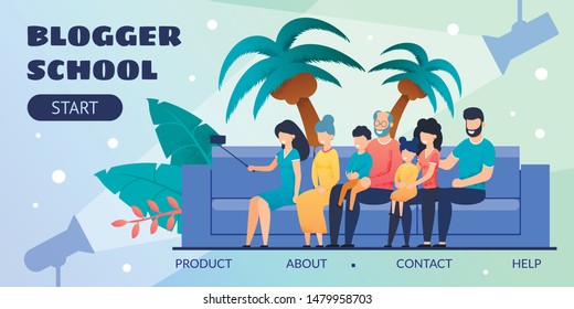 Blogger School Flat Design Landing Page for Education. Cartoon Happy Family, Three Generation Sitting on Sofa Taking Selfie. Tropical Palms Trees and Spotlight Decoration. Vector Metaphor Illustration