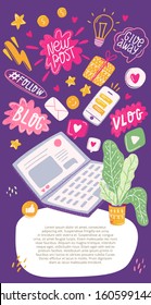 Blogger set design and elements of the blog. Cute speech bubbles with keywords vlog, blog, new post, follow, give away and social icons. Templates for banners, posters, covers or website.