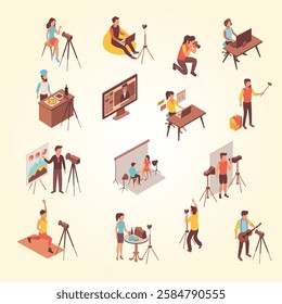 blogger set isometric icons isolated images video blog production process with human characters vector