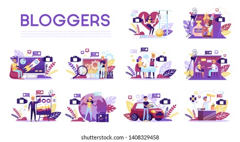 Blogger set. Various video blogger make review. Share content in the internet. Popular people streaming online. Education and fashion blog. Vector illustration in cartoon style