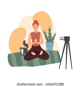 Blogger set. Various video blogger make review. Share content in the internet. Popular people streaming online. Blog about meditation and a healthy lifestyle. Vector illustration in cartoon style