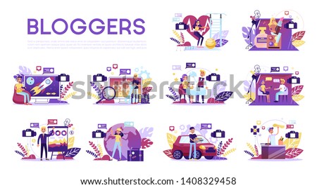 Blogger set. Various video blogger make review. Share content in the internet. Popular people streaming online. Education and fashion blog. Vector illustration in cartoon style