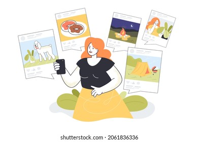 Blogger sharing photos of happy moments in posts on social media. Woman using phone for communication with friends and followers flat vector illustration. Social media influence and addiction concept