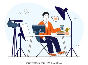 Blogueiro atira no blog. Homem com café nas mãos senta-se na frente da câmera e softbox. Blogueiro e vlogger profissional. Streaming e blogs, radiodifusão. Ilustração de vetor linear