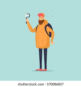 Blog-ger shoots video. Flat vector illustration in cartoon style.