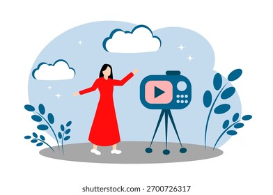 O blogueiro dispara um vídeo na câmera. Videoblogagem, criação de conteúdo e conceito de popularidade