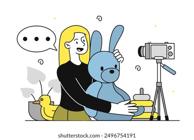 Blogger shows toys. Girl with plush rabbit near camera. Woman creates interesting content for social networks and video hostings. Linear vector illustration isolated on white background