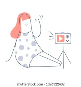 Blogger, social media celebrity making a selfie or recording a video or podcast to her blog. Cute cartoon woman in front of the camera. Flat line vector illustration