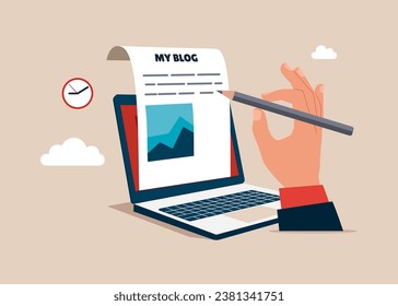 Blogger, start new blog on paper from online laptop computer writing article online, storytelling and social marketing. Flat vector illustration