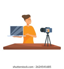 Blogger is streaming a product review about a laptop using a camera