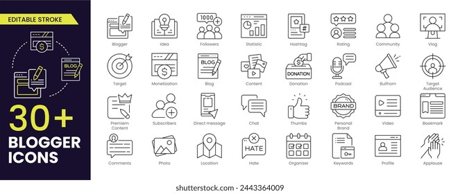 Blogger Stroke icon collections. Containing blogging, blog - Editable Outline web icon set. Line icons collection. Simple vector illustration.