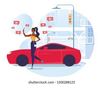 Blogger Taking Photo Flat Vector Illustration. Popular Young Woman, Fashionable Lady Cartoon Character. Girl with Smartphone Standing near Luxurious Sports Car. Trendy Lifestyle, Social Media Feedback