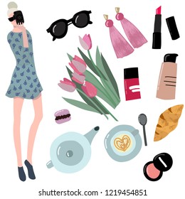 Blogger taking selfie and elements for beauty flatlay or blog concept