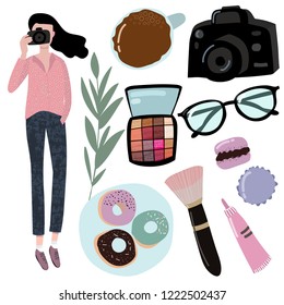 Blogger taking selfie and elements for beauty flatlay or blog concept
