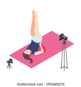 Blogger taking video while doing yoga asana on mat isometric icon vector illustration