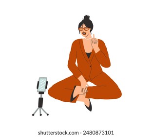Ein Blogger erzählt etwas, während er ein Video auf ihrem Handy filmt. Vektorillustration in flachem Stil gezeichnet.