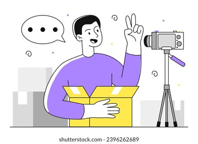 Bloguero desempaquetando el concepto de línea. Hombre con una caja delante de la cámara. El creador de contenido registra los productos que se abren. Personalidad famosa en internet. Vlog por redes sociales. Ilustración lineal vectorial