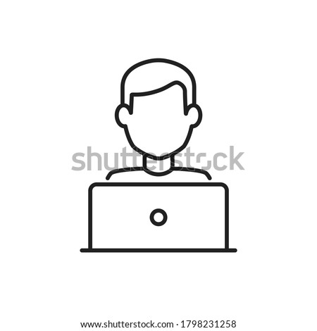 Blogger or user with laptop computer on remote work from home office line vector icon. Editable stroke symbol of a person at the desk with a workstation at his own workspace in coworking or home V1