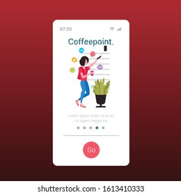 blogger using cellphone camera on selfie stick woman with coffee taking photo or video blogging live streaming social media networks coffeepoint concept smartphone screen mobile app full length vector