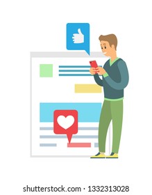 Blogger using phone vector, social media communication. Person with smartphone checking likes, thumbs up and hearts. Posting and reading news feed