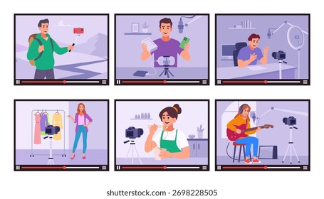 Blogger. video player frame with vlogging characters musicians, reviews, traveller and cooking