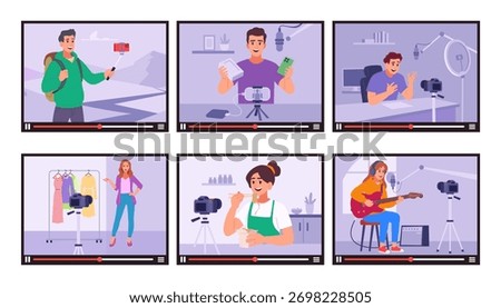 Blogger. video player frame with vlogging characters musicians, reviews, traveller and cooking