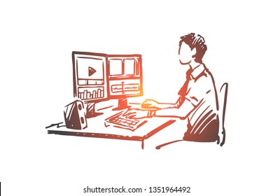 Blogger, video, vlog, media, online concept. Hand drawn blogger editing video concept sketch. Isolated vector illustration.