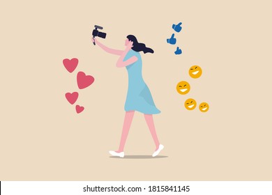 Blogger, vlog, influencer new digital age people broadcast or record their lifestyle to promote story on social media concept, beautiful young lady girl holding camera with love, like and happy sign.