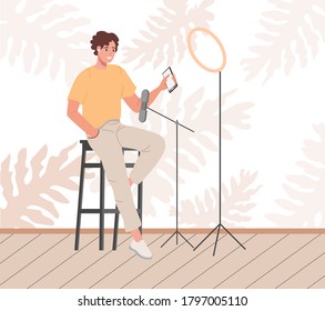 Blogger or vlogger cartoon man making internet content vector flat illustration. Character influencer creating video for blog or vlog review
