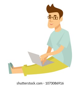 Blogger or vlogger man typing review on vector laptop