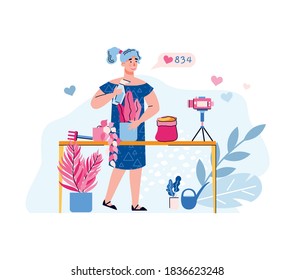 Blogger or vlogger woman shooting video about houseplanting or housekeeping, cartoon vector illustration isolated on white background. Online video tutorial or stream.