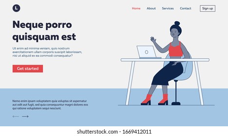Blogger waving hello at monitor. Woman using laptop for video call flat vector illustration. Communication, blog concept for banner, website design or landing web page
