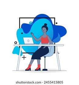Blogger waving hello at monitor. Woman using laptop for video call flat vector illustration. Communication, blog concept for banner, website design or landing web page