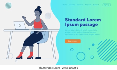 Blogger waving hello at monitor. Woman using laptop for video call flat vector illustration. Communication, blog concept for banner, website design or landing web page