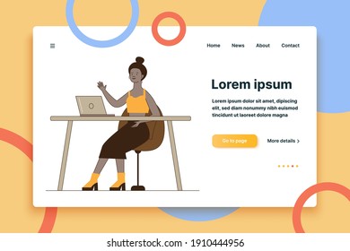 Blogger waving hello through monitor. Woman using laptop for video call flat vector illustration. Communication, blog concept for banner, website design or landing web page
