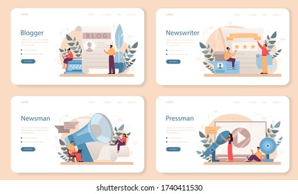 Blogger web banner or landing page set. Sharing media content in the internet. Idea of social media and network. Online communication. Isolated flat vector illustration