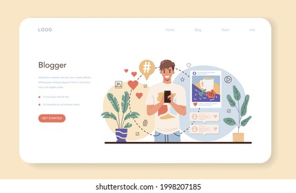 Blogger web banner or landing page. Sharing media content in the internet. Idea of social media and network. Online communication, giveaway advert. Isolated flat vector illustration
