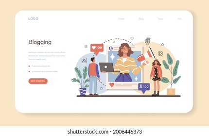 Blogger web banner or landing page. Sharing media content in the internet. Idea of social media and network. Online communication, giveaway advert. Isolated flat vector illustration