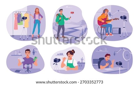 Blogger. Web production characters digital content makers vloggers and bloggers exact vector illustrations