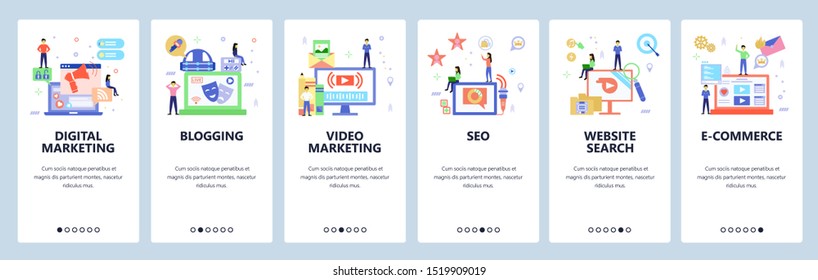 Blogger web site and mobile app onboarding screens. Menu banner vector template for website and application development. Flat style design.